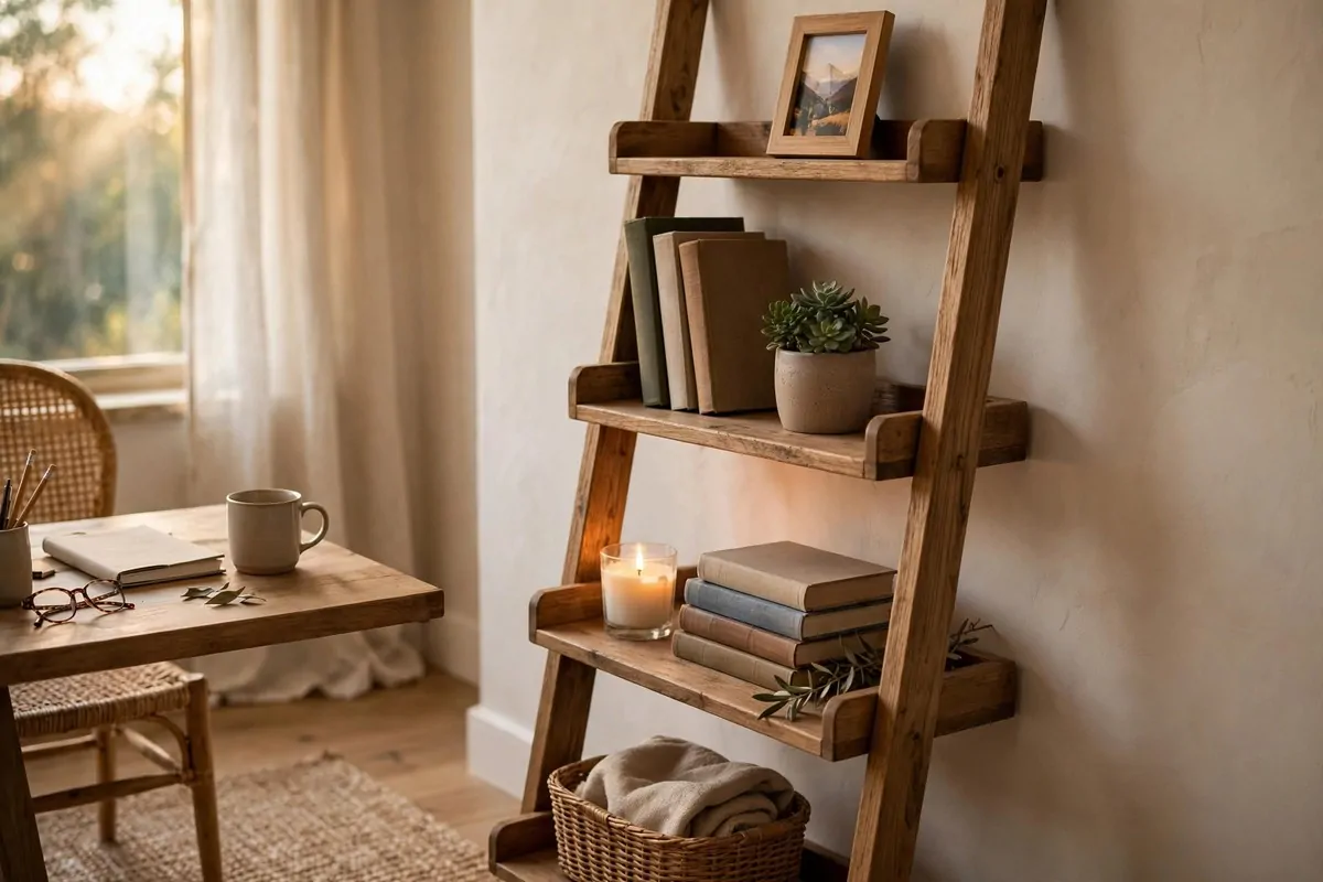 28 Cozy Home Office Ideas You'll Never Want to Leave 14 Wooden ladder shelf with books, plants, and decor items leaning against a wall in a home office