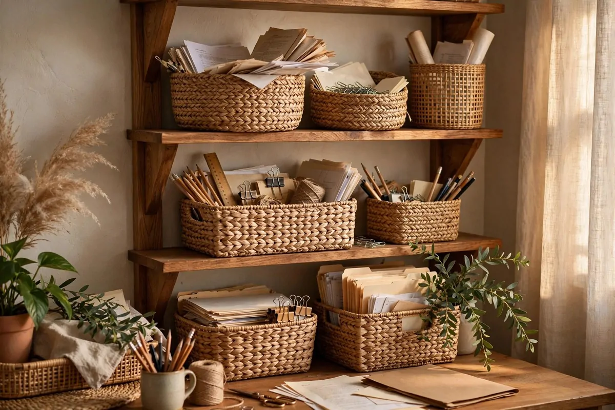28 Cozy Home Office Ideas You'll Never Want to Leave 15 Woven seagrass baskets holding office supplies on shelves in a cozy home office