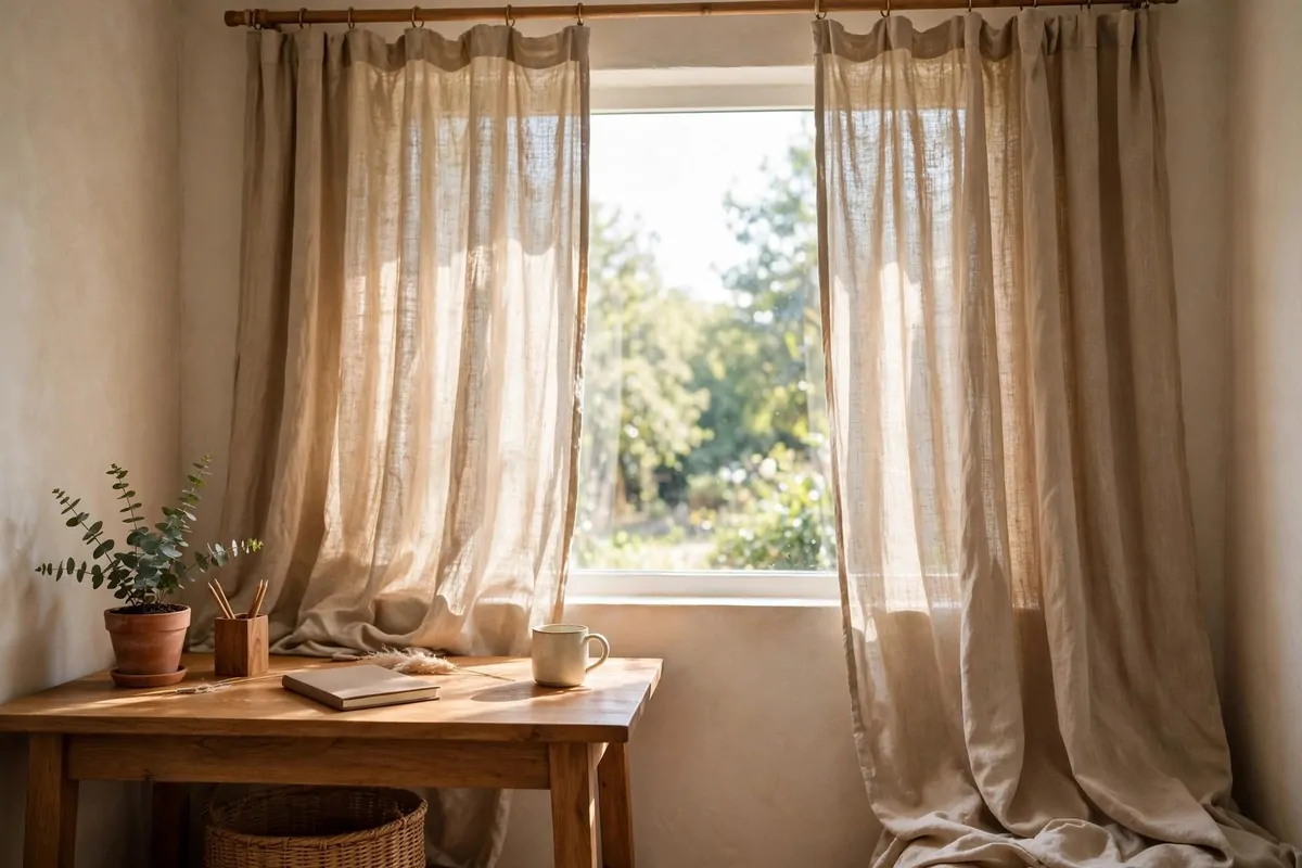 28 Cozy Home Office Ideas You'll Never Want to Leave 16 Floor-length linen curtains framing a window in a warm cozy home office
