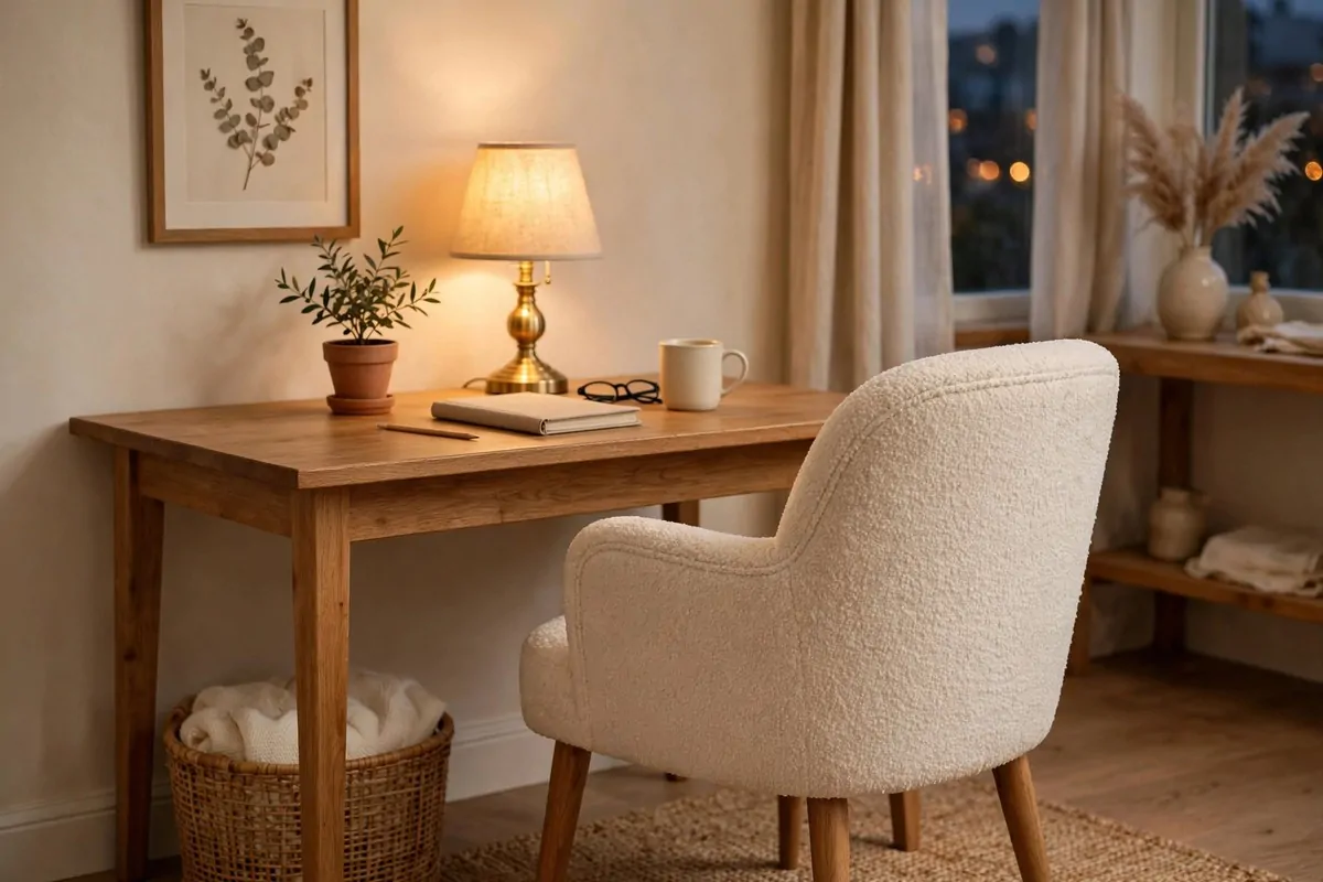 28 Cozy Home Office Ideas You'll Never Want to Leave 17 Soft boucle upholstered armchair used as a desk chair in a cozy home office