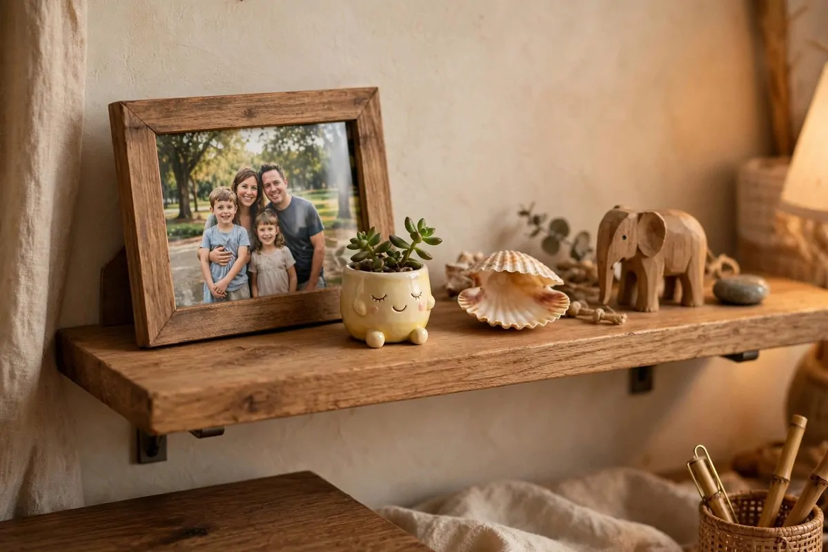 28 Cozy Home Office Ideas You'll Never Want to Leave 18 Wooden shelf with small personal treasures, framed photos, and tiny decor in a cozy home office