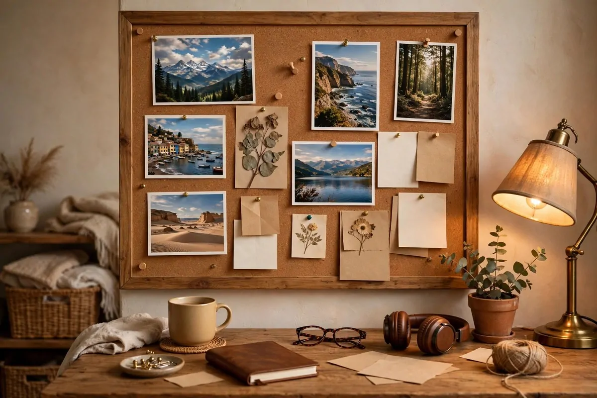 28 Cozy Home Office Ideas You'll Never Want to Leave 19 Cork board with pinned photos, notes, and postcards above a desk in a cozy home office