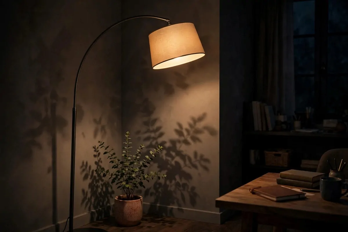 28 Cozy Home Office Ideas You'll Never Want to Leave 20 Tall arc floor lamp glowing in a dark corner of a cozy home office