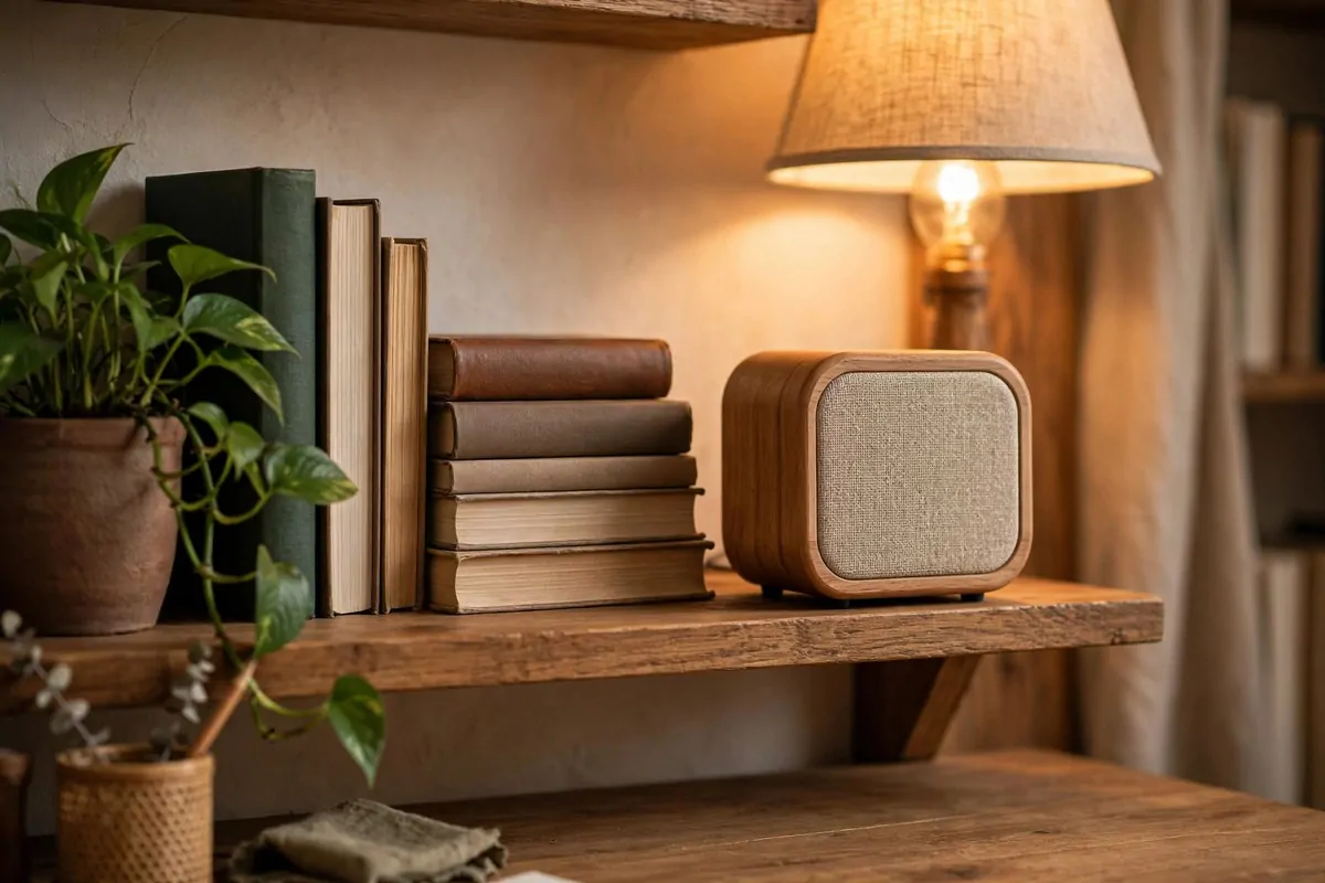 28 Cozy Home Office Ideas You'll Never Want to Leave 21 Small wooden speaker on a shelf playing music in a warm cozy home office