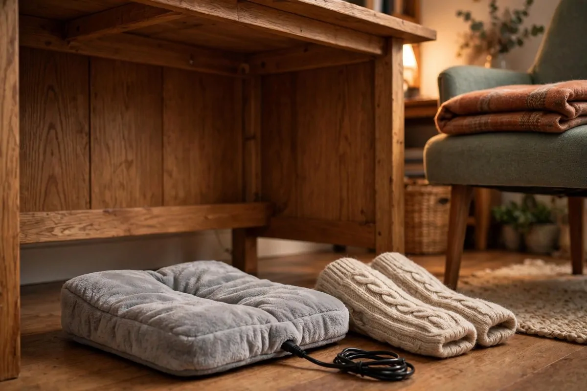 28 Cozy Home Office Ideas You'll Never Want to Leave 22 Heated foot warmer and thick socks under a desk in a cozy home office
