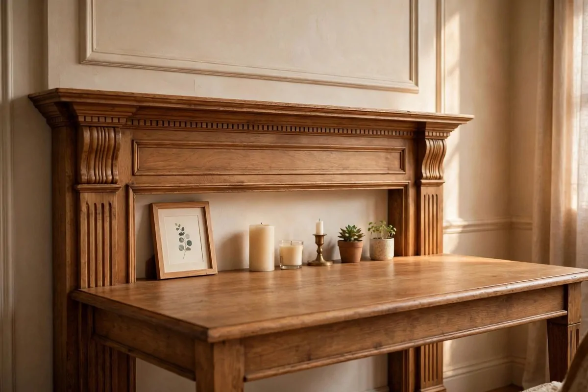 28 Cozy Home Office Ideas You'll Never Want to Leave 23 Desk styled like a mantel with candles, garland, and framed art in a cozy home office