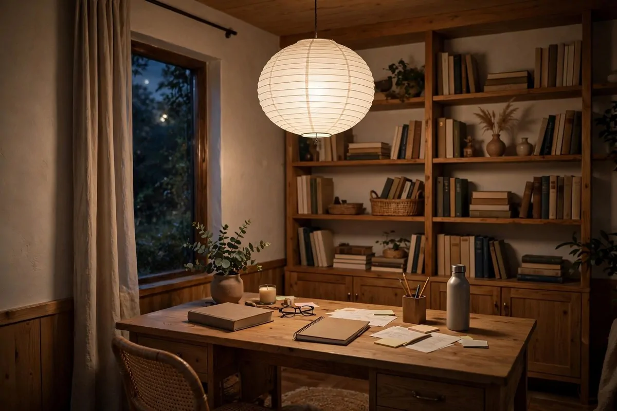 28 Cozy Home Office Ideas You'll Never Want to Leave 24 Glowing paper lantern pendant light hanging in a cozy home office