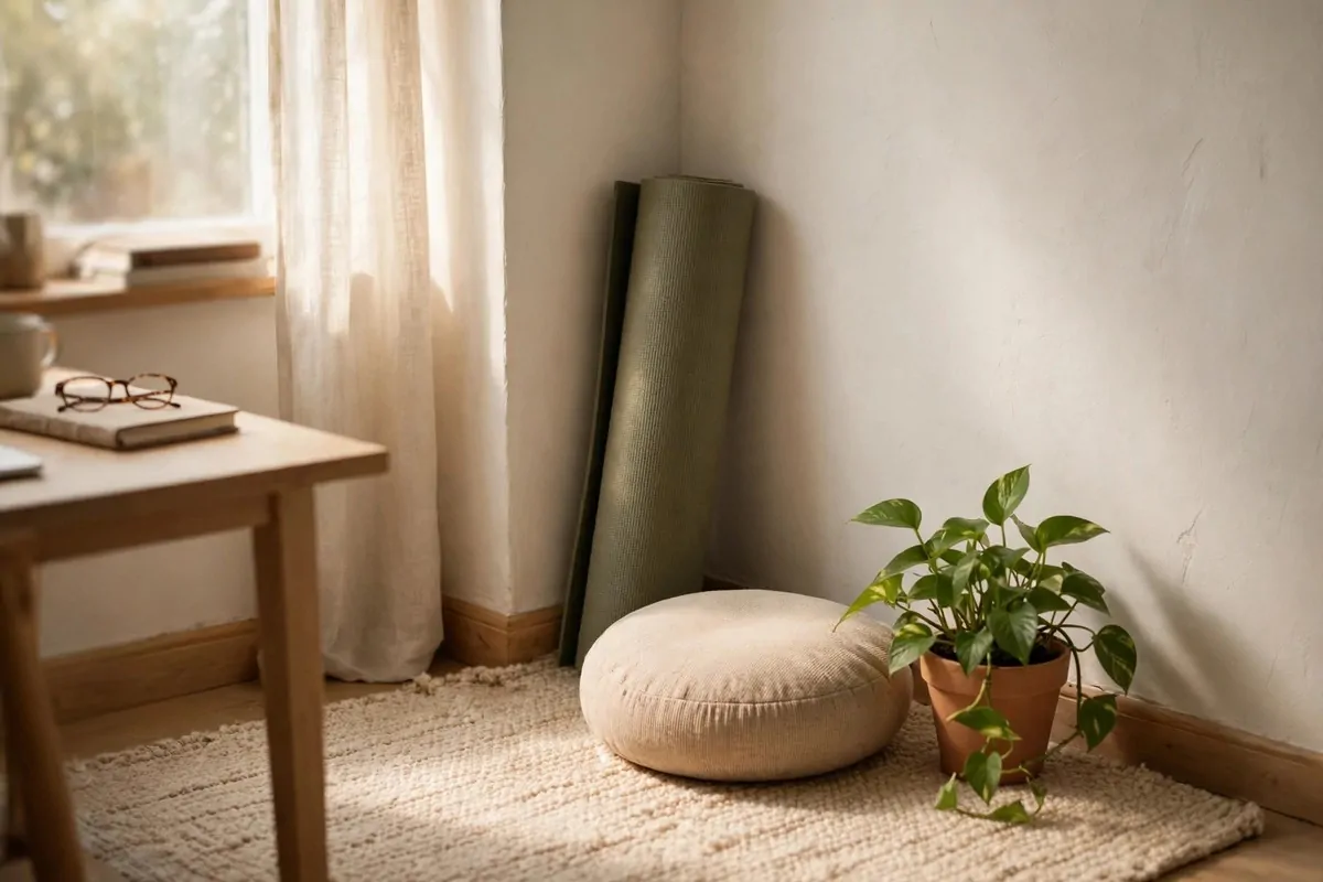 28 Cozy Home Office Ideas You'll Never Want to Leave 25 Small yoga mat and cushion in a calm corner of a cozy home office