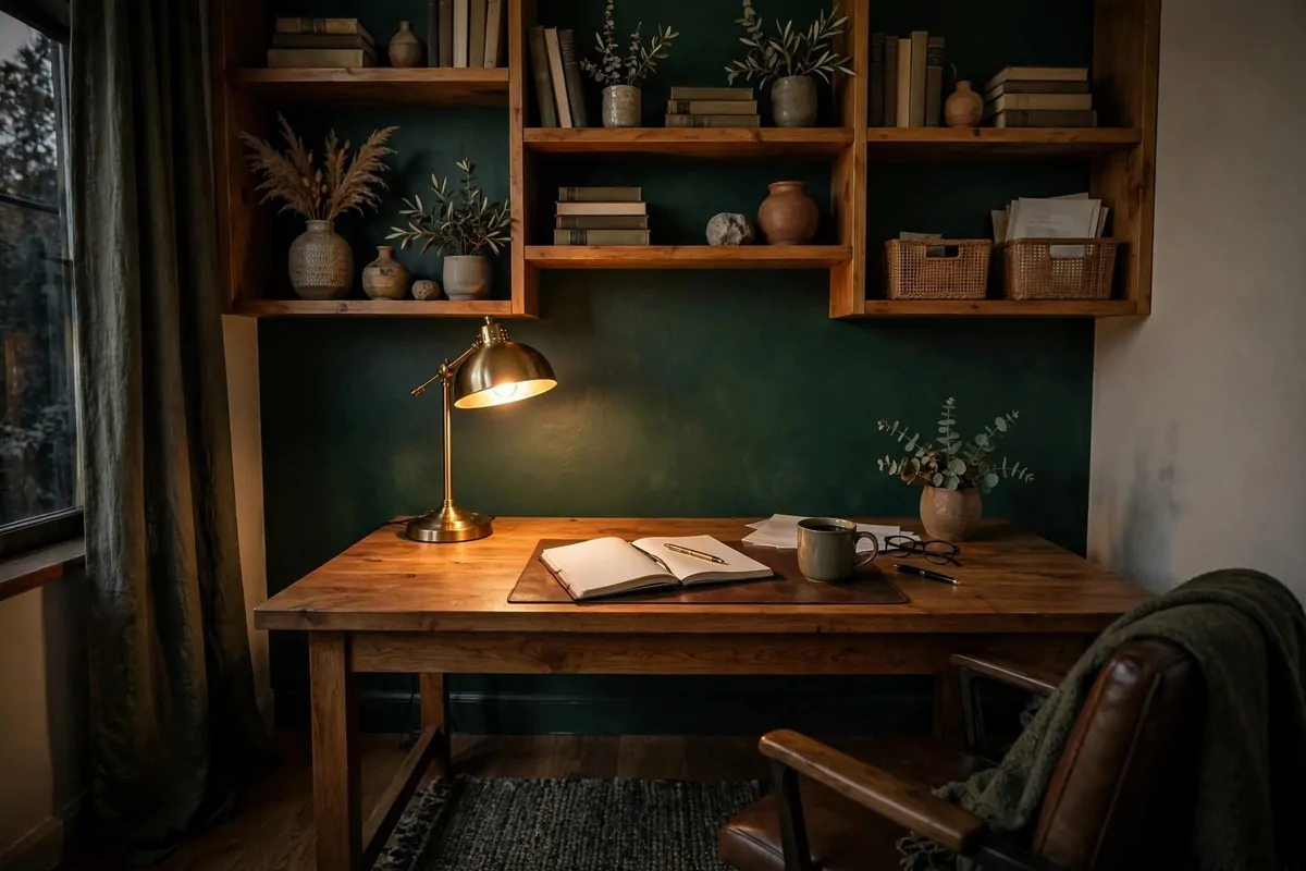 28 Cozy Home Office Ideas You'll Never Want to Leave 26 Home office with a dark forest green accent wall, brass lamp, and wooden desk