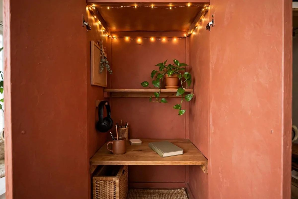 28 Cozy Home Office Ideas You'll Never Want to Leave 27 Tiny closet converted into a cozy cloffice with fairy lights and a small wooden desk