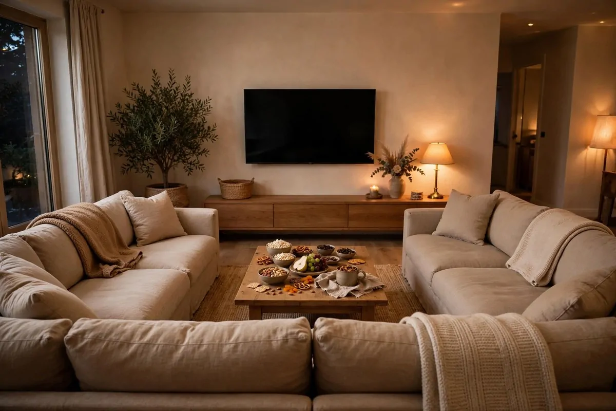 28 Cozy Living Room Design Setups Perfect for Movie Nights 1 Deep U-shaped gray sectional sofa facing a wall-mounted TV in a cozy living room
