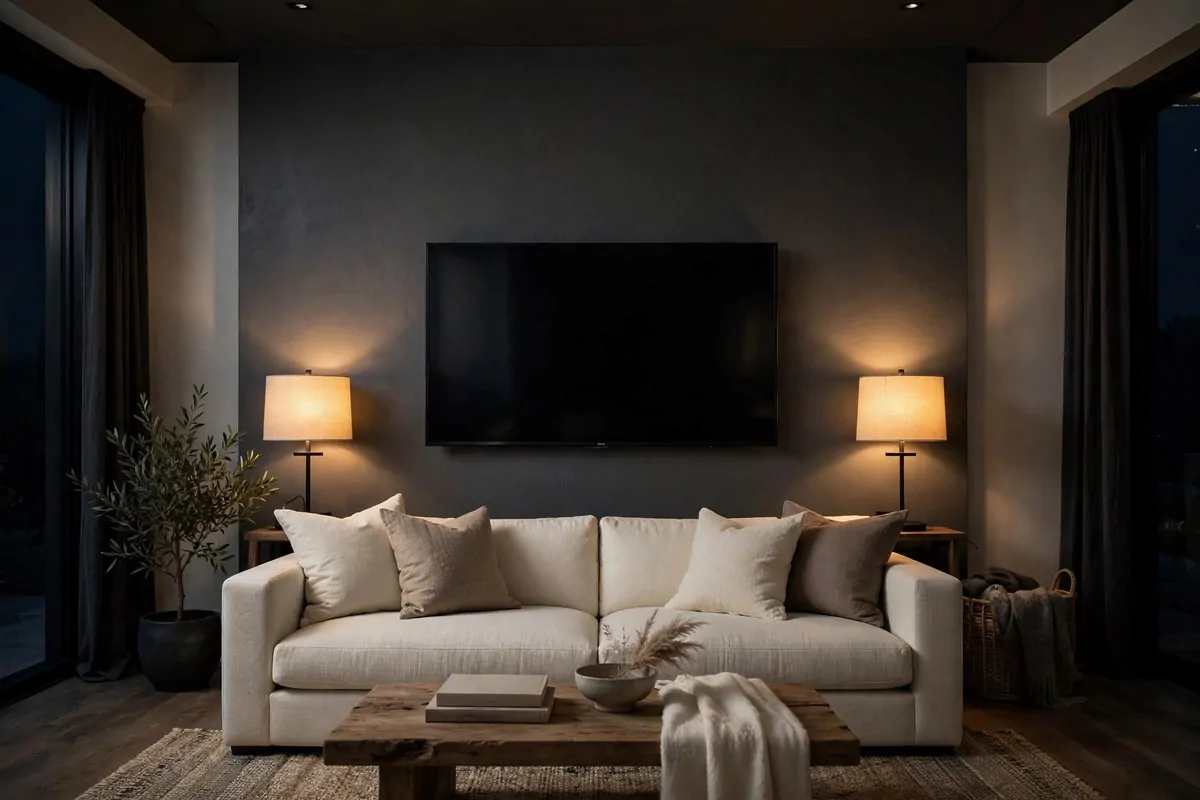 28 Cozy Living Room Design Setups Perfect for Movie Nights 2 Charcoal painted accent wall behind a mounted flat-screen TV
