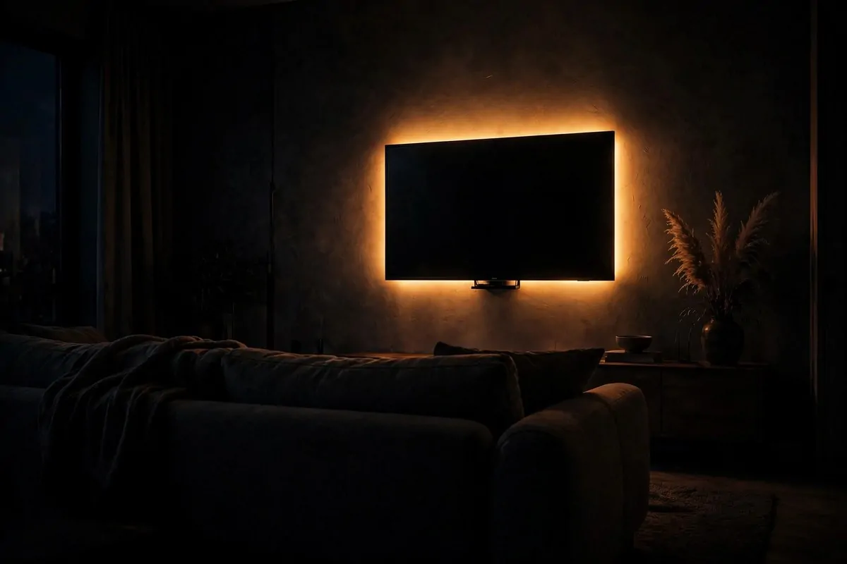 28 Cozy Living Room Design Setups Perfect for Movie Nights 3 Warm LED strip glowing behind a wall-mounted TV at night