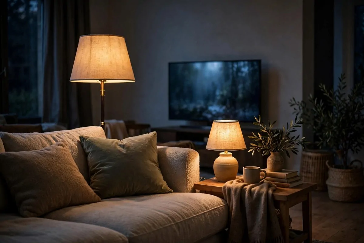 28 Cozy Living Room Design Setups Perfect for Movie Nights 4 Warm floor lamp and table lamp glowing softly beside a sofa