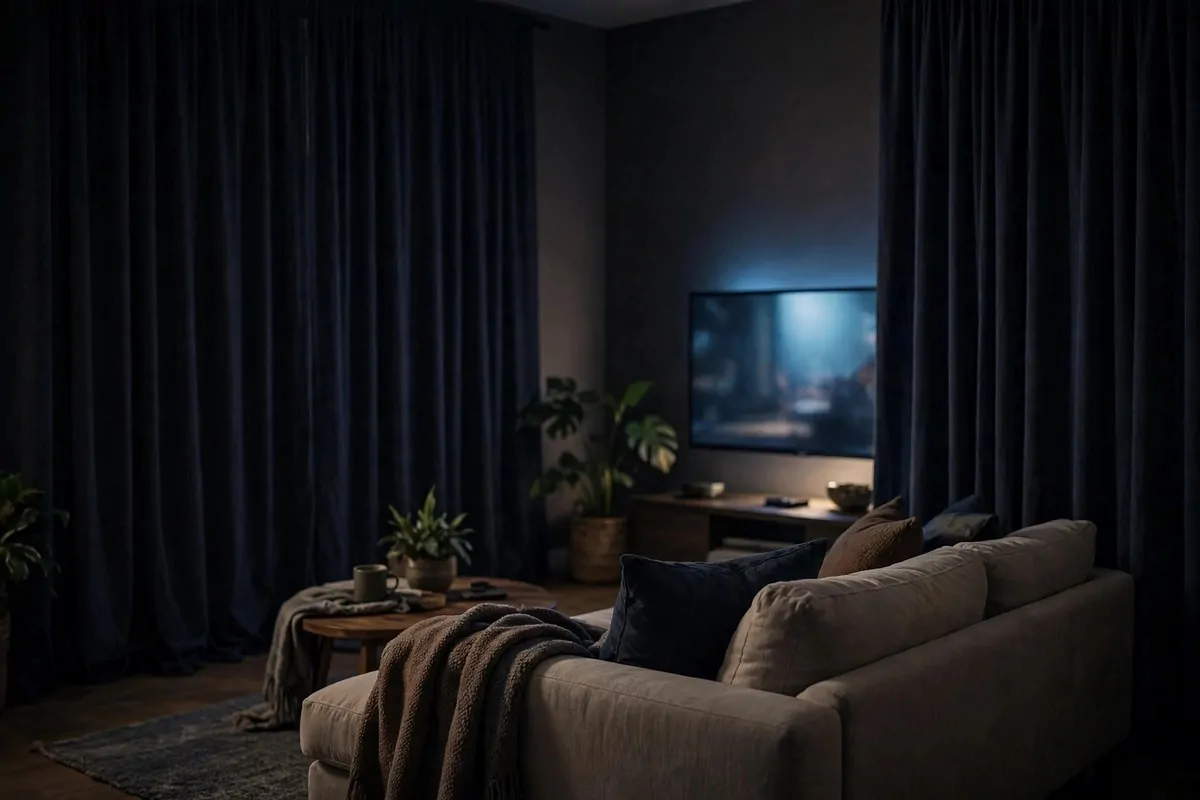 28 Cozy Living Room Design Setups Perfect for Movie Nights 5 Heavy blackout curtains drawn across living room windows