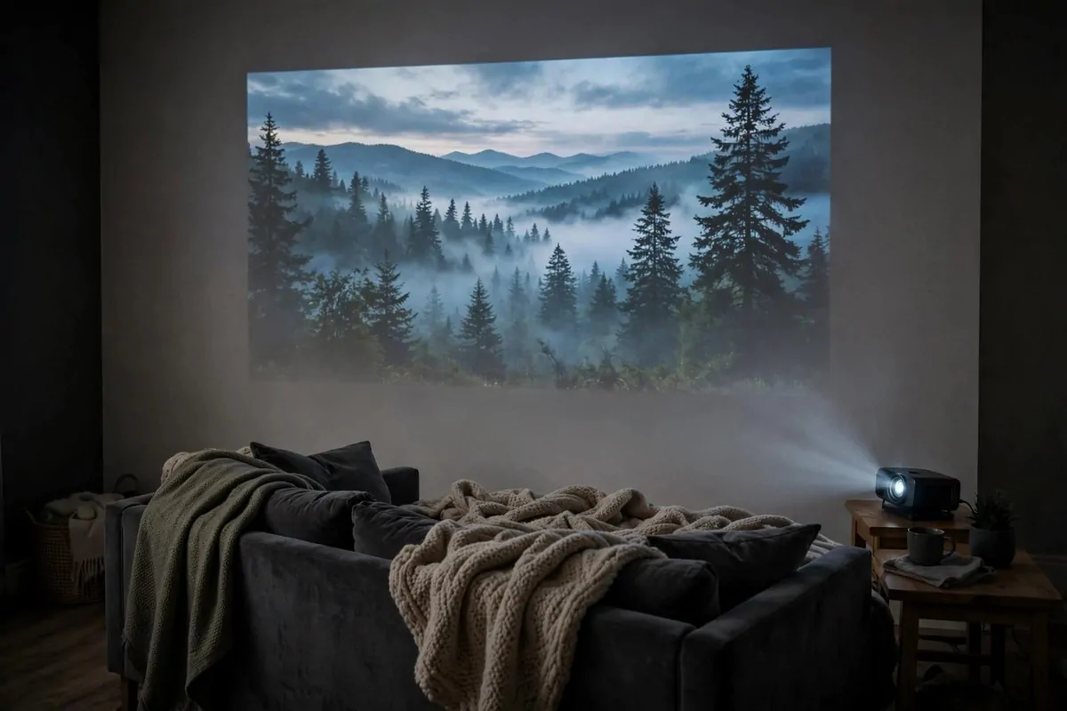 28 Cozy Living Room Design Setups Perfect for Movie Nights 6 Projected movie screen on a white wall with a sofa facing it