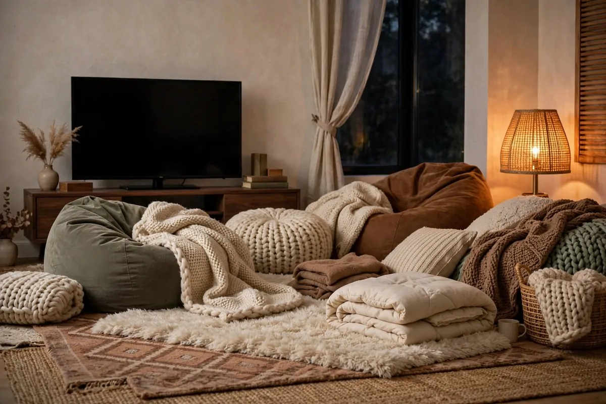 28 Cozy Living Room Design Setups Perfect for Movie Nights 7 Floor lounge with layered cushions bean bags and blankets in front of TV