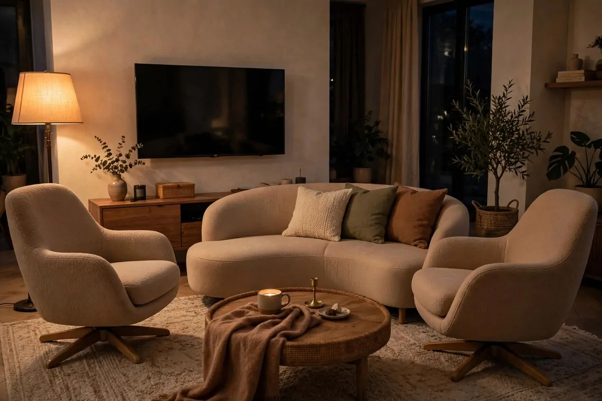 28 Cozy Living Room Design Setups Perfect for Movie Nights 8 Two swivel accent chairs angled toward a TV in a living room