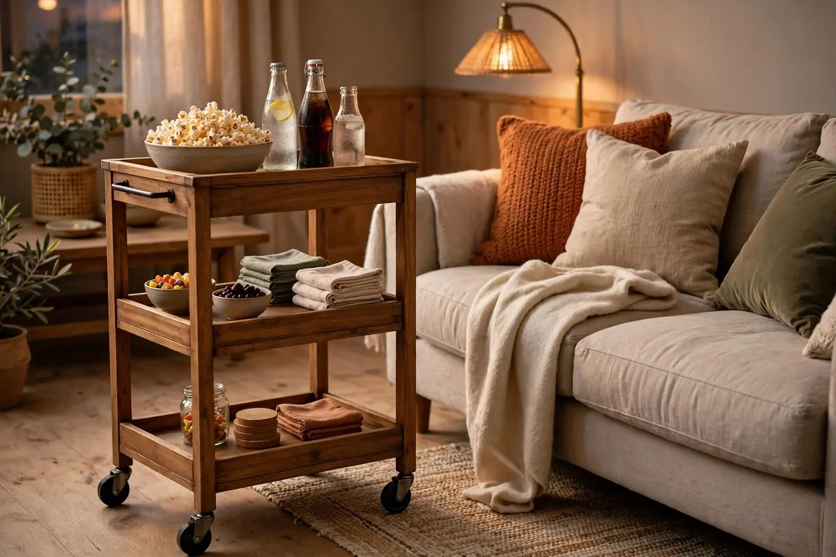 28 Cozy Living Room Design Setups Perfect for Movie Nights 9 Wooden rolling cart stocked with popcorn bowls and movie snacks