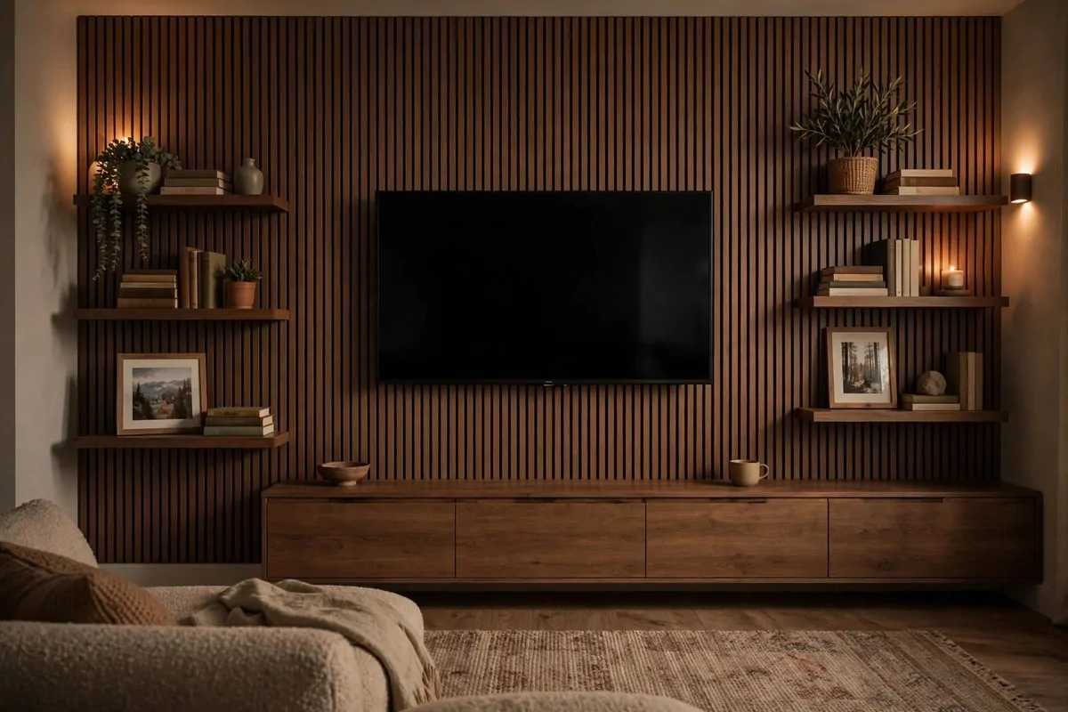 28 Cozy Living Room Design Setups Perfect for Movie Nights 10 Sleek media wall with floating shelves and hidden storage around TV