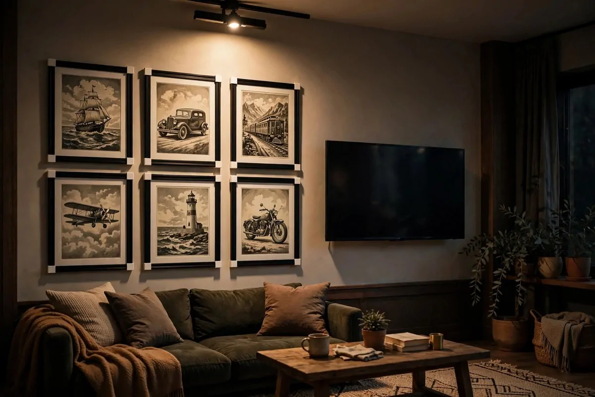 28 Cozy Living Room Design Setups Perfect for Movie Nights 11 Gallery wall of framed movie posters beside a living room TV