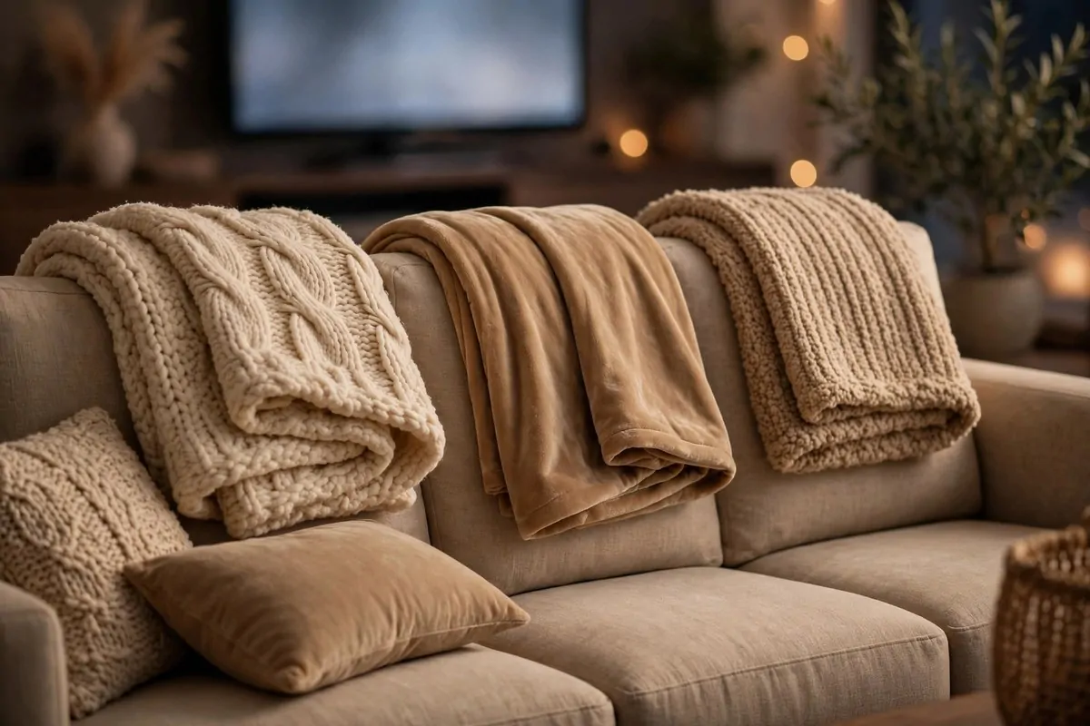 28 Cozy Living Room Design Setups Perfect for Movie Nights 12 Stack of folded throw blankets in different colours on a sofa