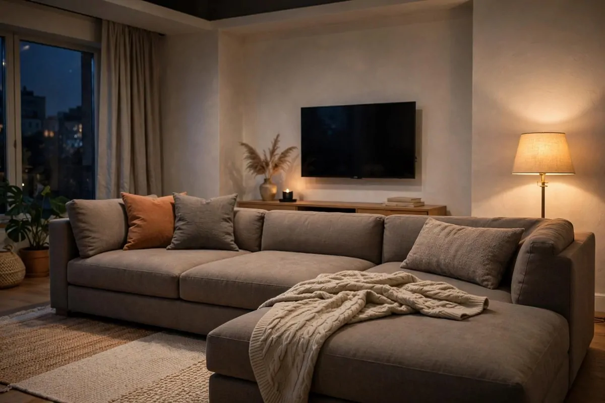28 Cozy Living Room Design Setups Perfect for Movie Nights 13 L-shaped chaise sectional with cushions and a blanket in a warm living room