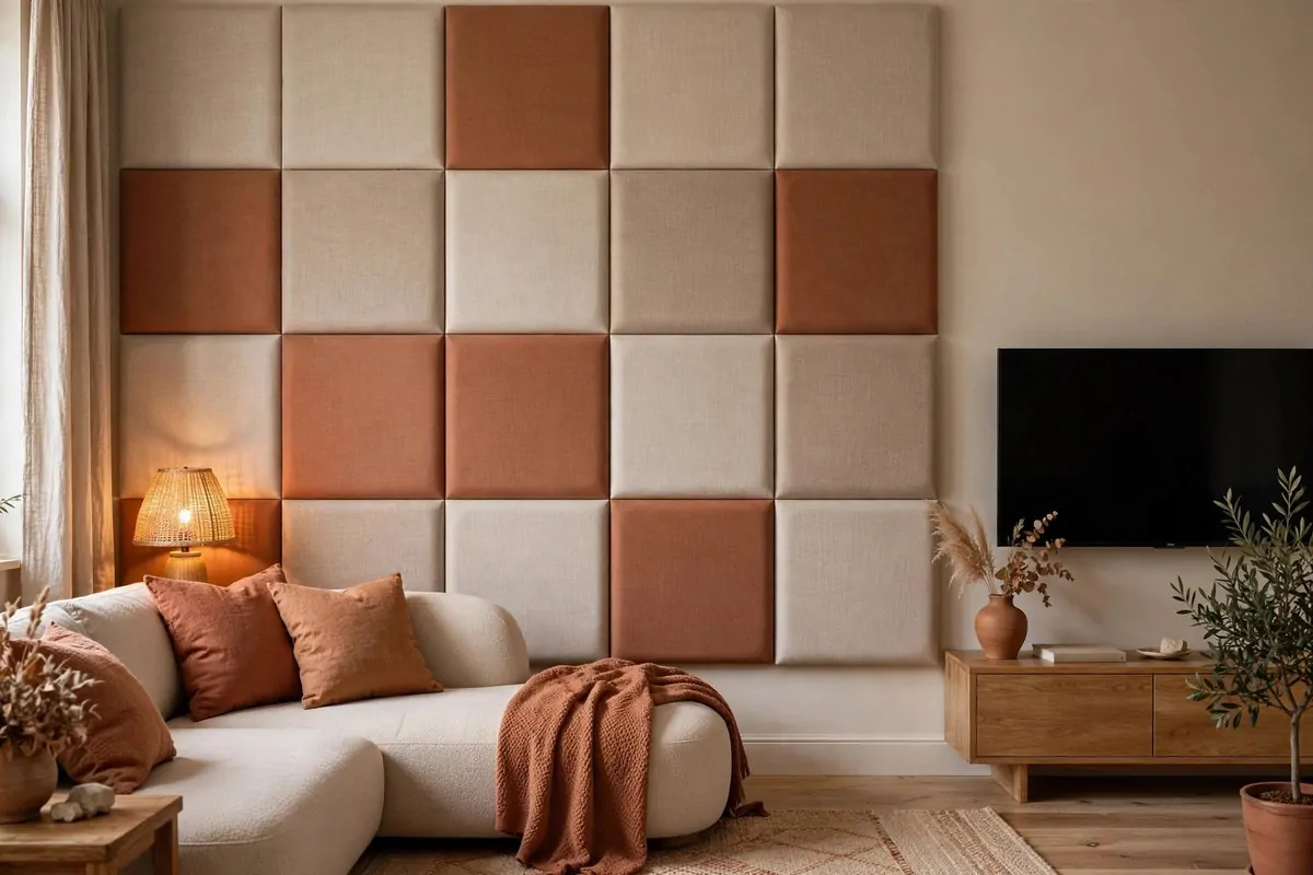 28 Cozy Living Room Design Setups Perfect for Movie Nights 14 Fabric acoustic panels arranged as wall art in a living room