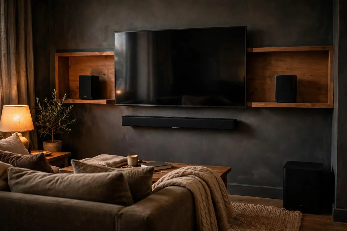 28 Cozy Living Room Design Setups Perfect for Movie Nights 15 Soundbar under TV with small speakers arranged on living room shelves