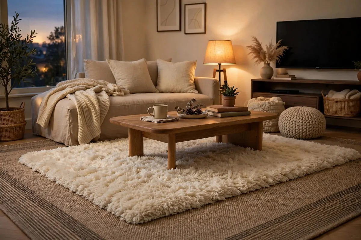 28 Cozy Living Room Design Setups Perfect for Movie Nights 16 Thick shaggy area rug under a coffee table and sofa