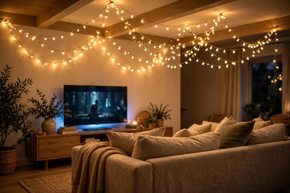 28 Cozy Living Room Design Setups Perfect for Movie Nights 17 Warm string lights draped across a living room ceiling