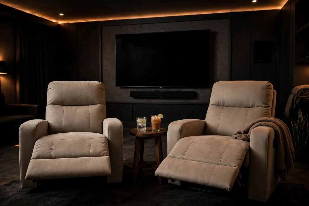 28 Cozy Living Room Design Setups Perfect for Movie Nights 18 Pair of leather recliners facing a TV in a dim living room