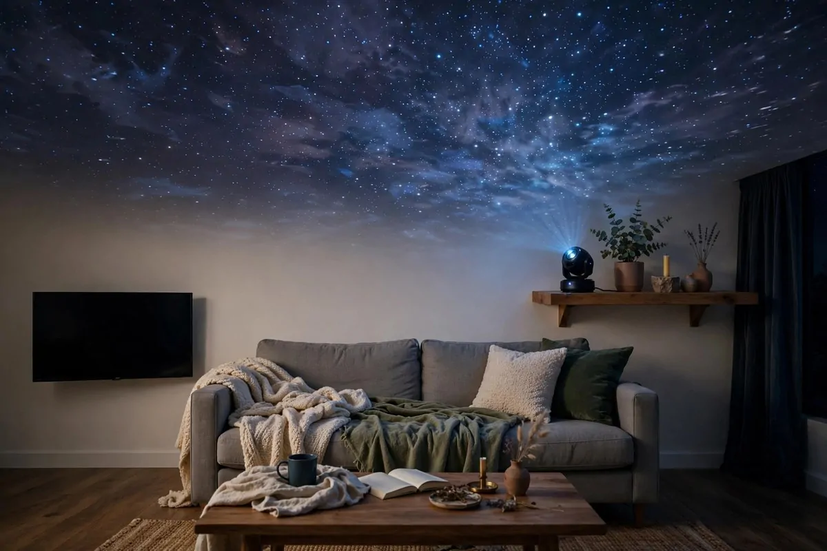 28 Cozy Living Room Design Setups Perfect for Movie Nights 19 Star projector casting night sky onto a living room ceiling