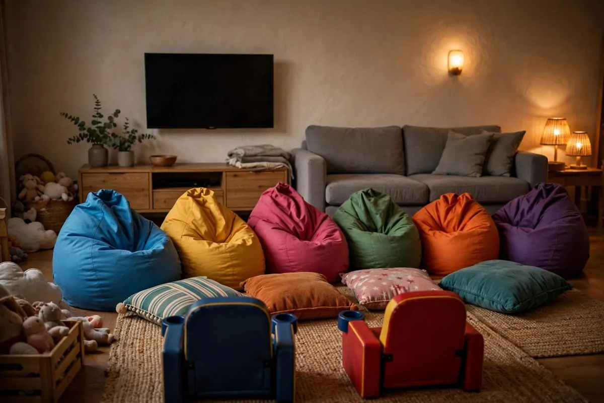 28 Cozy Living Room Design Setups Perfect for Movie Nights 20 Row of colourful bean bags on a rug in front of a sofa