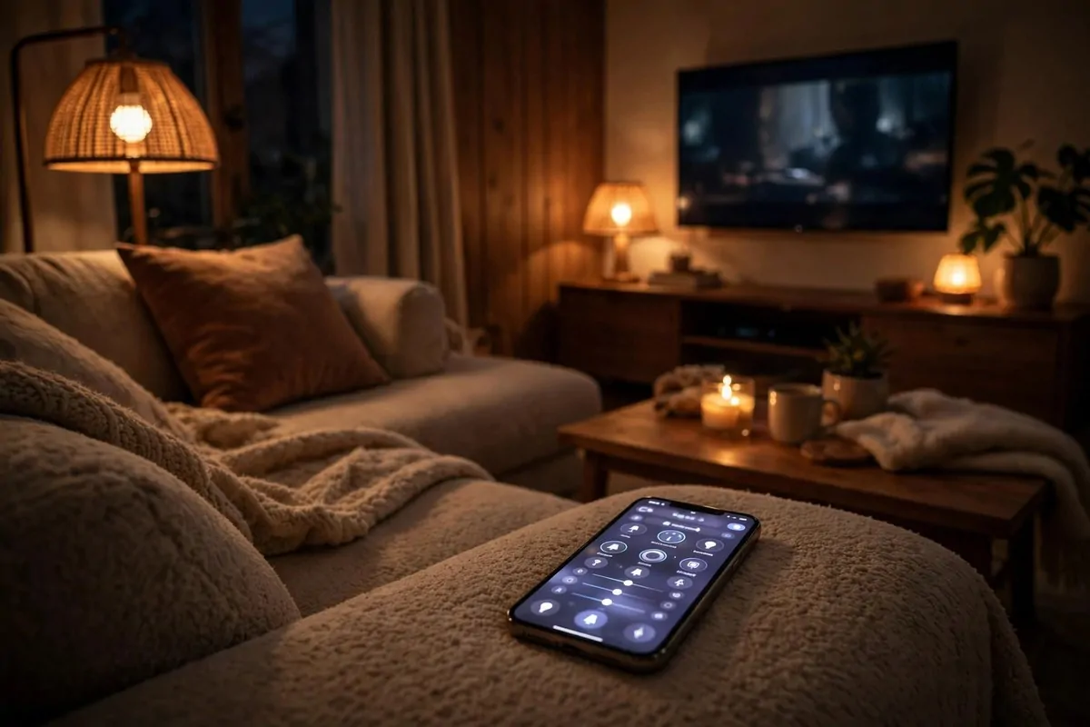 28 Cozy Living Room Design Setups Perfect for Movie Nights 21 Smartphone beside dimmed warm smart bulbs in a cozy living room