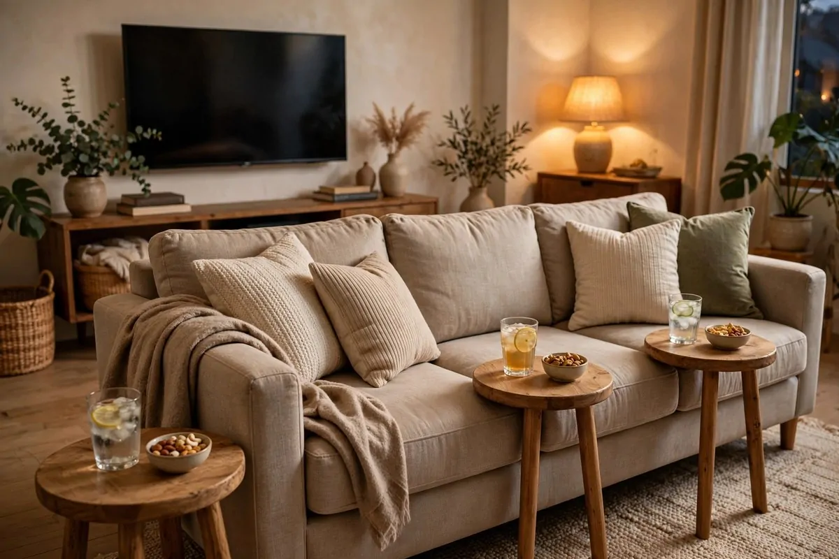 28 Cozy Living Room Design Setups Perfect for Movie Nights 22 Small wooden side tables beside each sofa seat with drinks and snacks