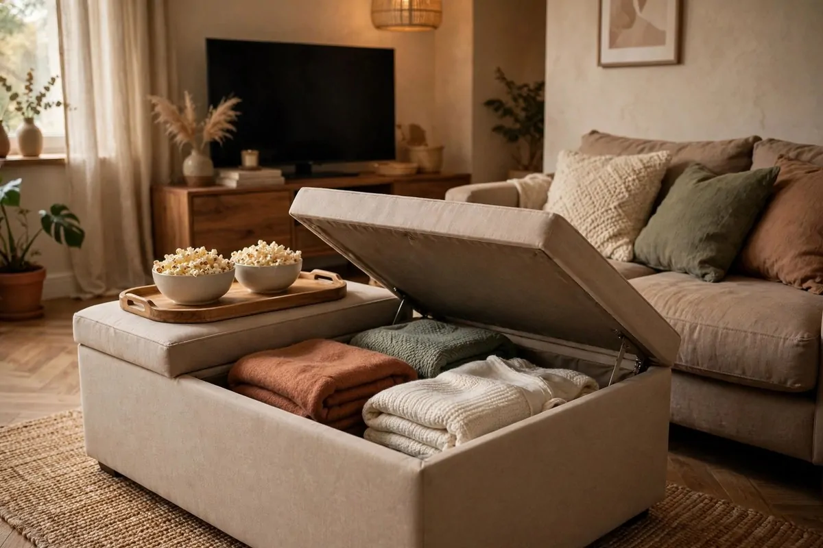 28 Cozy Living Room Design Setups Perfect for Movie Nights 23 Upholstered storage ottoman with a serving tray on top
