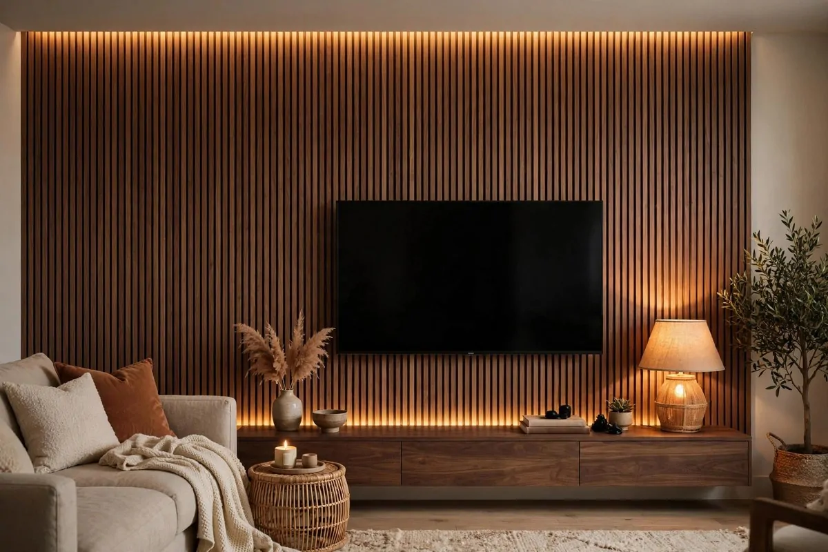 28 Cozy Living Room Design Setups Perfect for Movie Nights 24 Vertical wood slat panels behind a mounted TV in a living room