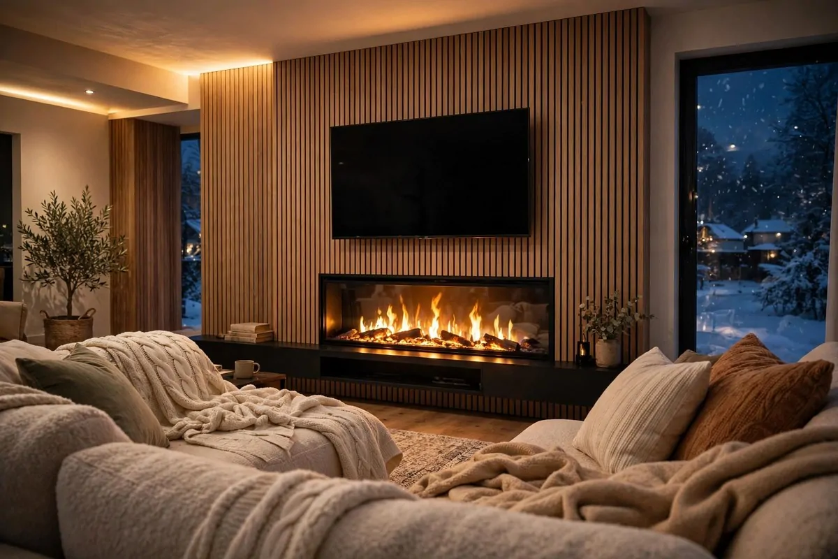 28 Cozy Living Room Design Setups Perfect for Movie Nights 25 Electric fireplace glowing under a wall-mounted TV