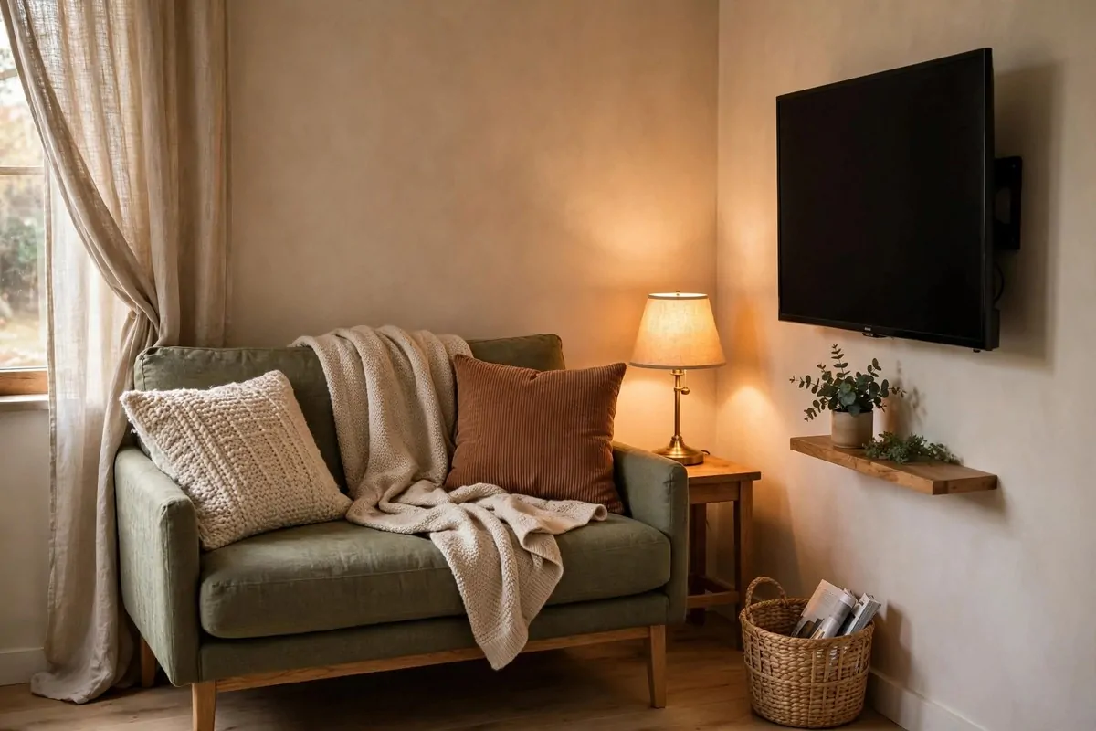 28 Cozy Living Room Design Setups Perfect for Movie Nights 26 Compact corner with loveseat wall-mounted TV and soft lamp