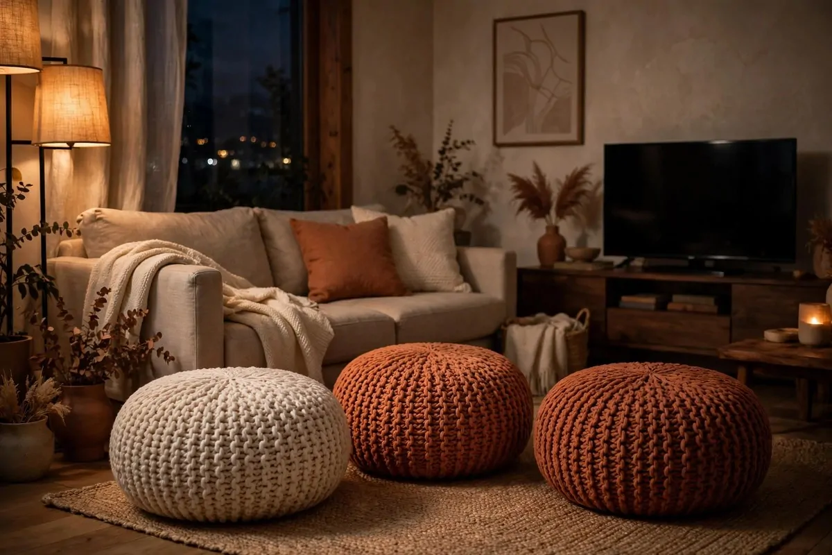 28 Cozy Living Room Design Setups Perfect for Movie Nights 27 Round floor poufs used as footrests in front of a sofa