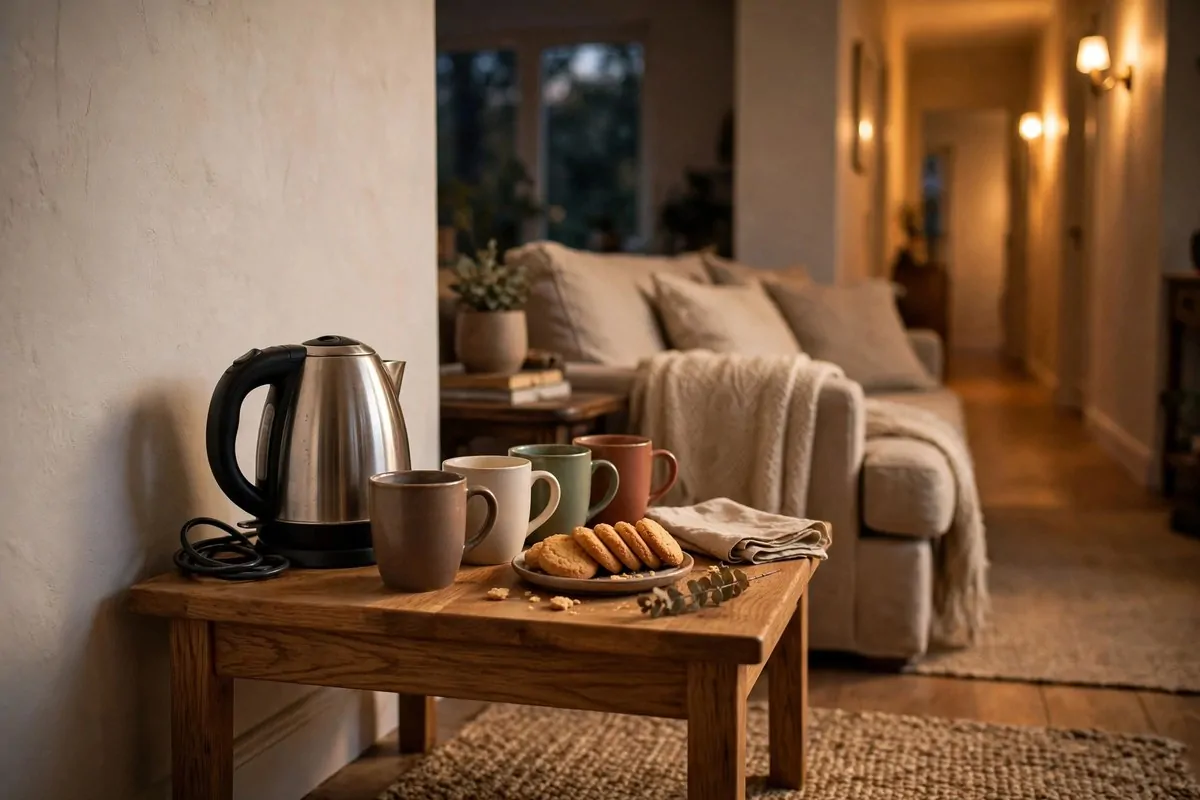 28 Cozy Living Room Design Setups Perfect for Movie Nights 28 Small coffee corner with kettle and mugs beside a living room