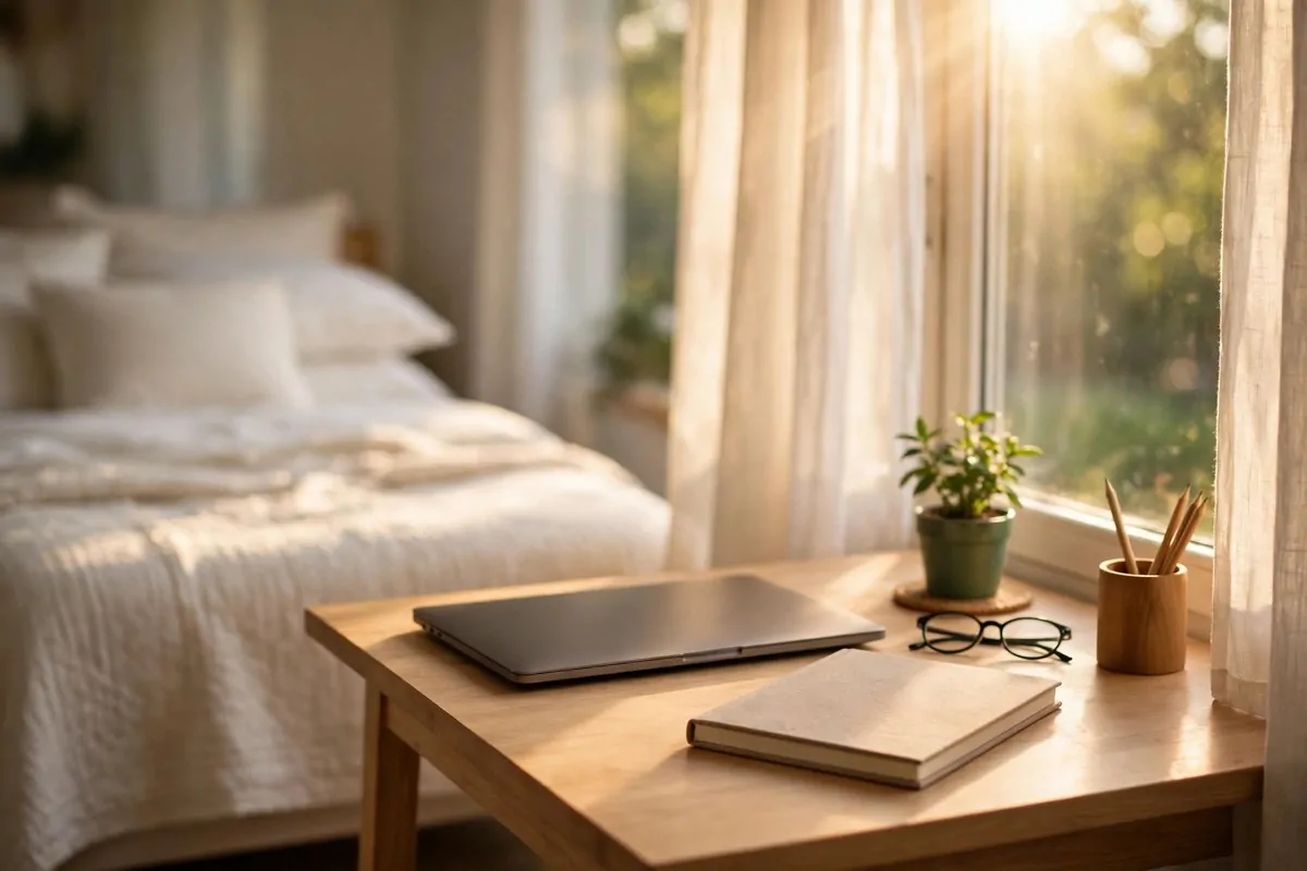 A bright small home office desk by a window, laptop closed, notebook, small green plant, warm morning light, made bed nearby