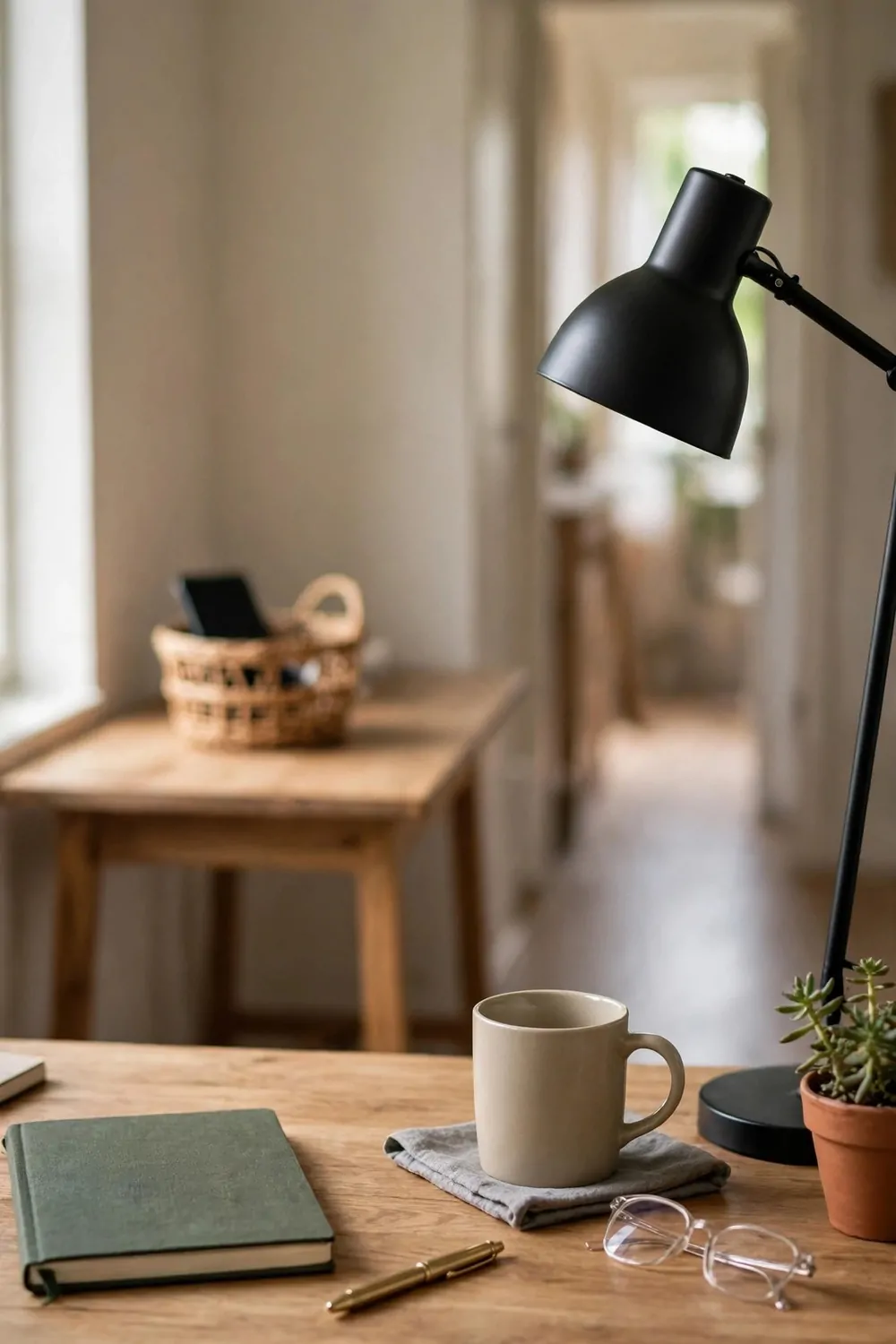 A desk with no phone on it, a small basket on a hallway table in the background holding a phone