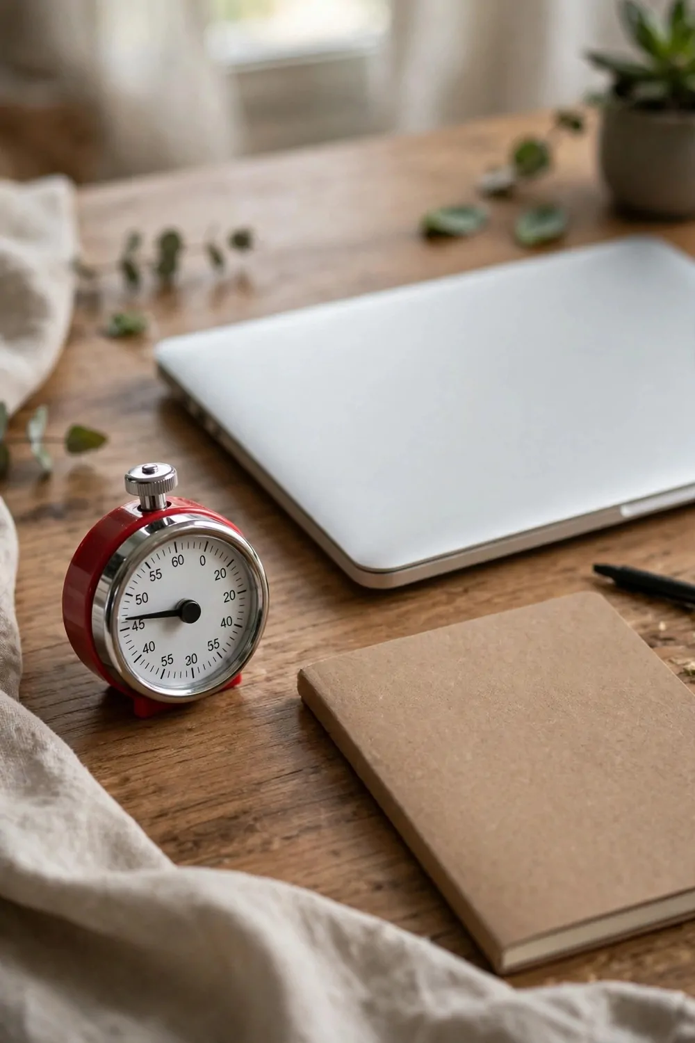 A small round kitchen timer on a desk beside a laptop and a notebook