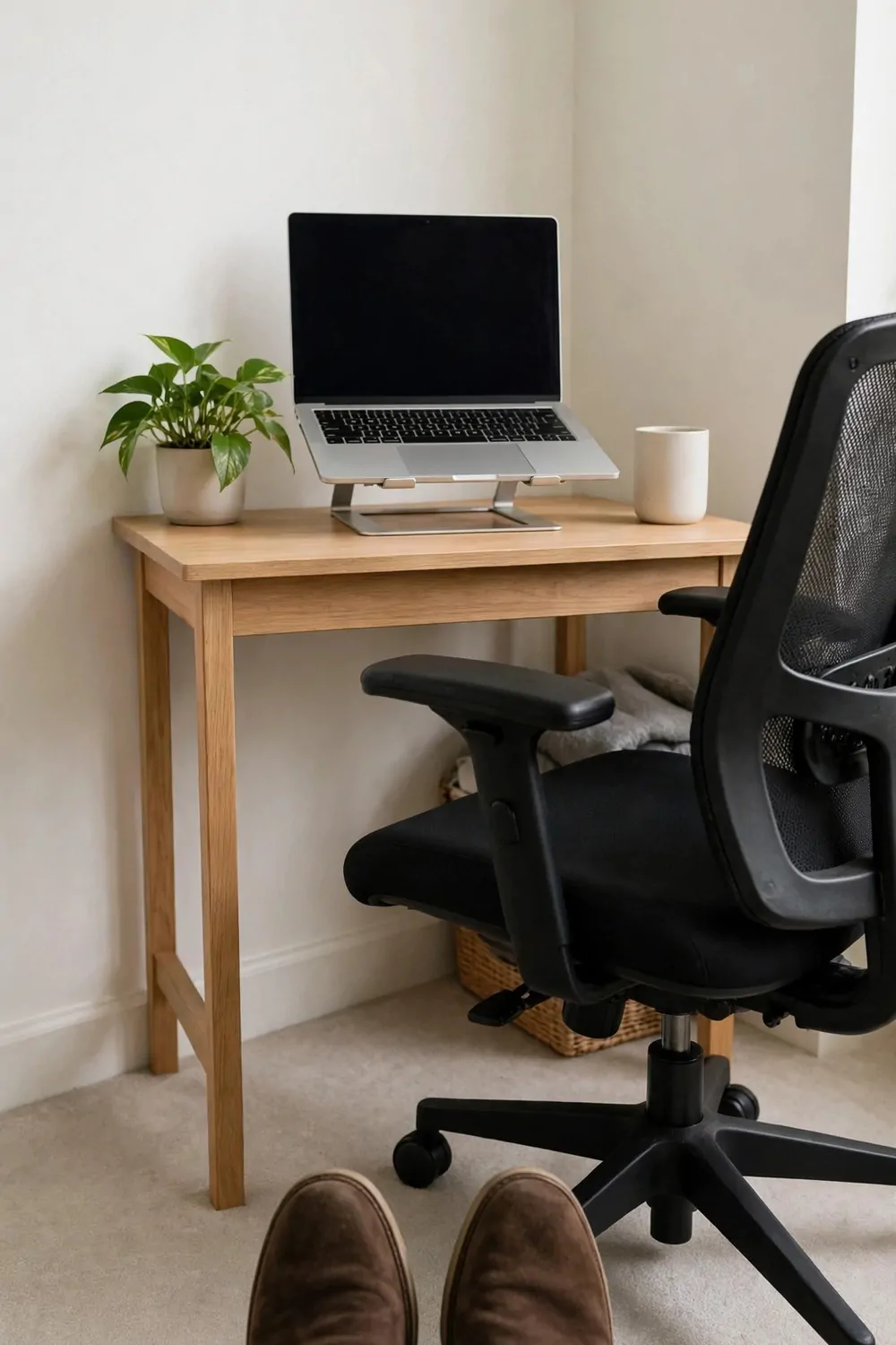 An office chair at a small desk, feet flat on the floor, laptop screen at eye level