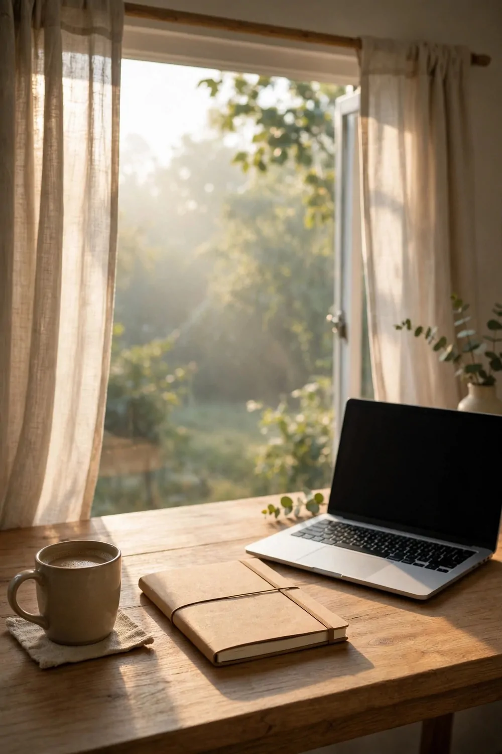 A desk in soft morning sunlight with curtains open, coffee mug, notebook, laptop