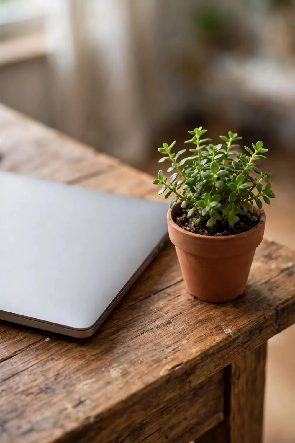 A small green plant in a pot on the corner of a desk beside a laptop