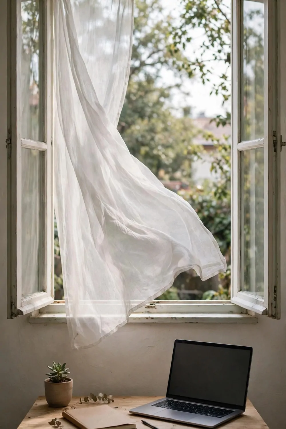 An open window above a small desk, sheer curtain moving slightly, laptop and notebook on the desk