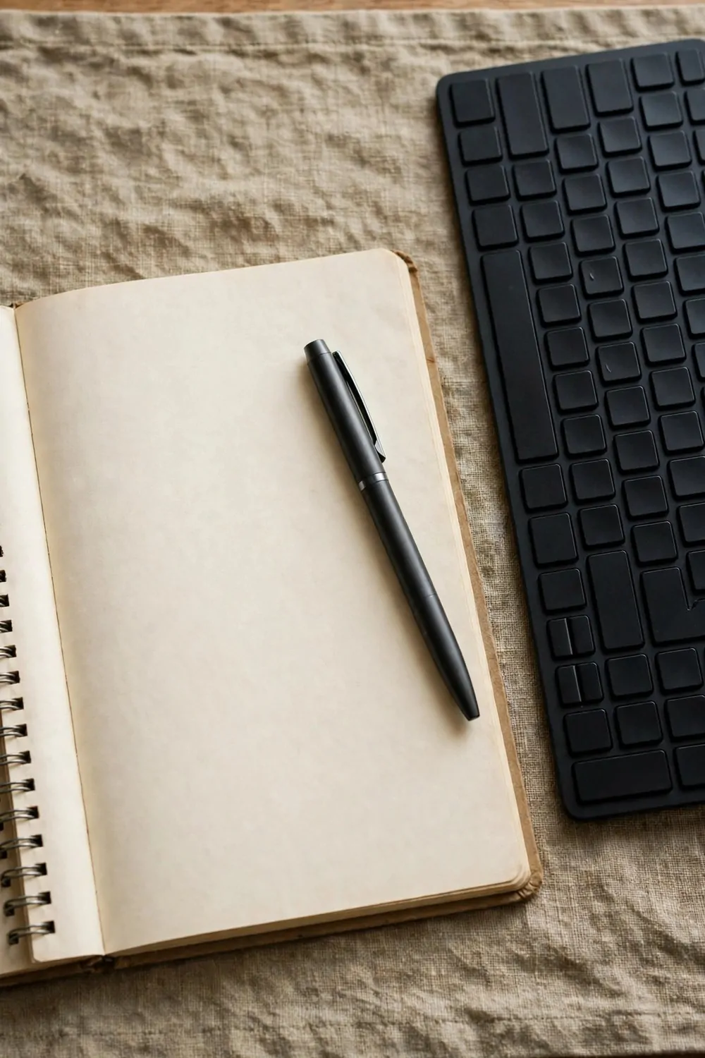 An open paper notebook beside a keyboard on a desk, pen resting on the notebook